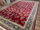 Indo Persian Sarouk Rug 10x14, Large Red and Navy Blue Carpet, Traditional Floral Wool Rug
