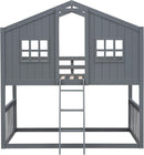 Gray Twin Over Twin House Bunk Bed With Roof For Kids
