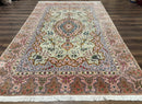 Wonderful Persian Tabriz Rug 7x10, Very Fine 330 KPSI, Light Green Light Blue Pink, Kork Wool Silk Foundation, Bird Pictorials
