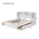 White Wooden Storage Bed with Tall Extended Bookcase Headboard, 6 Drawers and Charging Station for Teens Adults, No Box Spring Needed,Full