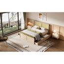 Queen Size Wood Storage Platform Bed with 4 Drawers, Rattan Headboard, Nature