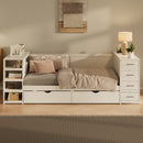 White Wooden Twin Size Daybed with Side Shelves & Drawers, Multi-Functional Desk & Charging Station