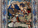 Fine Persian Isfahan Pictorial Rug 3.7 x 5, Kork Wool on Silk Foundation, Blue Persian Carpet, Hand Knotted, Humans Birds, High KPSI, Semi Antique