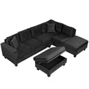 Modern Sectional Sofa with Storage Ottoman, L-Shape Couch with 2 Pillows and Cup Holders, Black Velvet, 105'