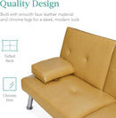 Convertible Futon Sofa Bed in Faux Leather Camel Yellow with Removable Armrests