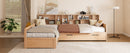 Twin Size Wooden L Shaped Daybed with Under-bed Trundle and Storage Drawer, Versatile Corner Bed Frame with Bookcases for 3, Natural