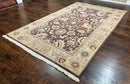 Vintage Indo Mahal Area Rug 6x9, Indian Persian Oriental Carpet 6 x 9, Puce Eggplant Tan Beige Rug, Hand-Knotted, Large Floral Design Wool