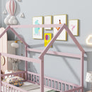 Twin Size House Floor Wooden Bed with Roof Frame,Safety Guardrails,Pink