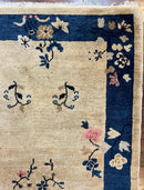 Antique Chinese Peking Rug 3x6, Beige and Dark Blue Hand Knotted Handmade Asian Oriental Carpet, Floral Vases, Vintage Wool Art Deco Rug