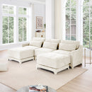 Elegant Three-Seater Sofa with Movable Ottomans and Lumbar Pillow, Chenille Fabric, Beige