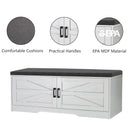 2 Tier Shoe Bench with Padded Seat, 2 Barn Doors and Adjustable Shelves, for Entryway and Living Room, White MDF