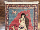 Antique Persian Kirman Rug 2 x 2.5, Small Hand Knotted Wool Carpet, Lavar Rug, Shepherd with Ram Pictorial Rug
