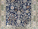 Semi Antique Persian Qum Tree of Life Rug, Hand-Knotted, Wool, Midnight Blue and Tan, Animal Pictorials, Written Poem in Borders, 4' 8" x 7' 8"