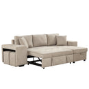 Modern L-Shape 3 Seat Reversible Sectional Couch with Pull Out Sleeper, Storage Chaise & 2 Stools, Cream, Linen Chenille