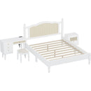 3 Pieces Bedroom Set with Queen Size Wooden Bed Frame, 1 Vintage  Nightstand and 1 Makeup Vanity Set with Stool,White