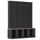 [Assembly Video Provided] Farmhouse Hall Tree with 4 Hidden Hanging Hooks, Versatile Walnut Seating Bench with 8 Doors, Entryway Shoe Cabinet with Open Compartments for Living Room, Black