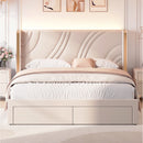 Modern Upholstered LED Bed Frame with Storage Drawers, Velvet Platform Bed, Wingback Headboard, RGB Light, Beige