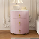 Upholstered Nightstand with 3 Drawers, Round Bedside Table with Metal Handles,Marbling Stickers Top Night Table for Bedroom, Fully Assembled Except Handles, Pink