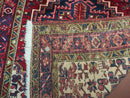 Persian Runner Rug, Heriz Runner Rug, Geometric Medallions, Red Cream Navy Blue Wool Hallway Rug 3.9 x 10.8 Antique Oriental Runner Handmade