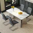 Table and chair set.63*31.4 Inch Luxurious Cold Jade Sintered Stone Dining Table Set- 4 Dark Gray High-quality PU Chairs With Arched Silver Metal Legs.Perfect For Dinner Room,Meeting Room,Kitchen,etc.