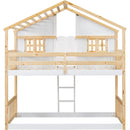 Twin over Twin House Bunk Bed with Roof, Window, Window Box, Door, with Safety Guardrails and Ladder, Natural/White