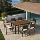 7 piece Outdoor Patio Wicker Dining Set Patio Wicker Furniture Dining Set w/Acacia Wood Top Brown Wicker + Cream Cushion