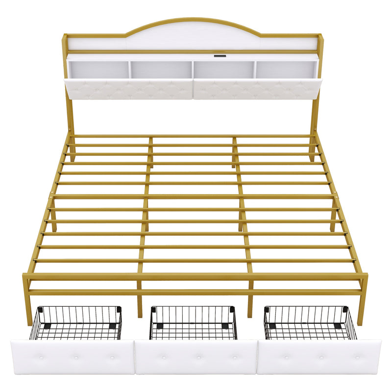 Metal Platform Bed With 3 drawers, Storage Headboard, King, Gold