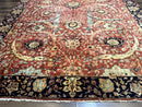 Indian Agra Rug 9x11, Terracotta and Navy Blue, Sickle Leaf Rug