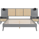 Queen Size Solid Wood Bed Frame with 2 Nightstands, Elegant Design with Lamps, Rattan and Wood Combination,Gray