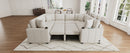 Convertible U-Shaped Sectional Sofa with Pull-Out Bed and USB Ports, Beige Chenille, 108.7 Inches