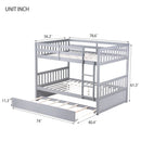 Full Over Full Rubber Wood Bunk Bed with Trundle, Ladder and Guardrails, Convertible to 2 Full Size Beds, with Twin Size Trundle,Light Grey
