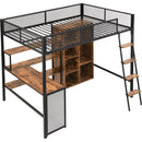 Full Size Metal Loft bed with Built-in Desk, Wardrobeand Shelves, Black(ETA:1.23)
