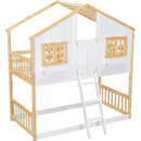 Twin over Twin House Bunk Bed with Roof, Window, Window Box, Door, with Safety Guardrails and Ladder, Natural/White