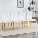 A Set of 4 White PU Leather Backrest Chairs with Gold Metal Legs - A Perfect Match, Suitable for Minimalist and Contemporary Home Décor Styles, With Product Dimensions of 16.2*18.5*34.6 inches