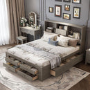 King Size Platform Bed with Storage Headboard and 8 Drawers, Gray