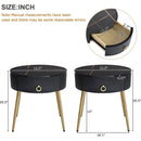 19.6" Easy Assembly End Tables with High Gloss Faux Marble Tabletops, Set of 2, Modern Fluted 2 Side Tables with Drawers, Round Coffee Tables with Golden Legs for Living Room, Black