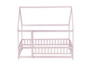 Full Size House Floor Wooden Bed with Roof Frame, Safety Guardrails,Pink