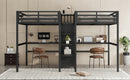 Twin Over Twin Metal Loft Bed with Double Desk and Wardrobe and Shelves with Electrical Outlet for Space Saving and Noise Reduction,Black