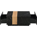 Modern 35.4 x 23.6 Inch Two-tone Coffee Table with Faux Marble and Walnut Wood Grain Finish, Rectangular Center Table with 2 Storage Drawers, Practical Cocktail Table for Living Room, Black