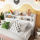 Full Pine Wood Bed with Bookcase Headboard ,LED Motion Sensor Light, Bed Guardrails,White
