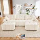 Elegant Textured Chenille 3 Seater Sofa Set with Ottoman and Throw Pillows in Sturdy Solid Wood Frame, White