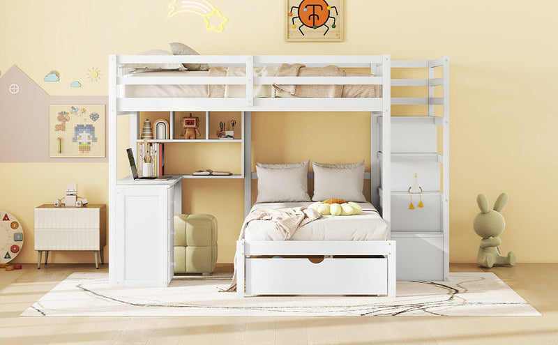 Full Over Twin Bunk Bed with Desk, Drawers and Shelves, White