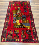 Red Afghan Balouch Rug 3x7, Tribal, Map of Afghanistan Depiction, Handmade, New