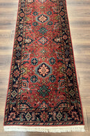 Indo Persian Heriz Runner Rug 2 x 12 ft, Hand Knotted Wool Hallway Rug, Red & Black