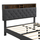 Modern Dark Grey Queen-Size Upholstered Platform Bed Frame with Button-Tufted Linen Headboard and USB Ports