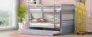 Full Over Full Rubber Wood Bunk Bed with Trundle, Ladder and Guardrails, Convertible to 2 Full Size Beds, with Twin Size Trundle,Light Grey