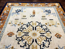 Indo Chinese Rug 9x12, Asian Oriental Carpet 9 x 12, Cream & Burnt Orange, Handmade Wool Vintage Art Deco Rug