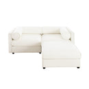 Stylish Modern Fabric 2-Seater Sofa with Ottoman Storage, White Chenille, Cylindrical Backrest and Armrests