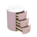 Upholstered Nightstand with 3 Drawers, Round Bedside Table with Metal Handles,Marbling Stickers Top Night Table for Bedroom, Fully Assembled Except Handles, Pink