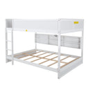 Queen Over Queen Bunk Bed with Built-in Storage Cabinets,Charging Station,Ladder,Safety Guardrails,Solid Pine Wood Bunk Bed,White